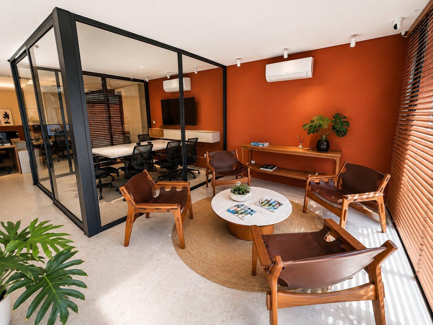 Sala de espera da sede do 77 Legacy Group na Marina Verolme: poltronas de couro e madeira em torno de uma mesa de centro redonda, parede terracota e sala de reunião envidraçada ao fundo